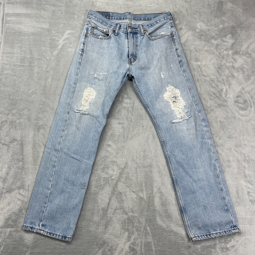 Levi's 505 Jeans Mens 31x30 Light Blue Denim‎ Distressed Red Tab Straight Leg